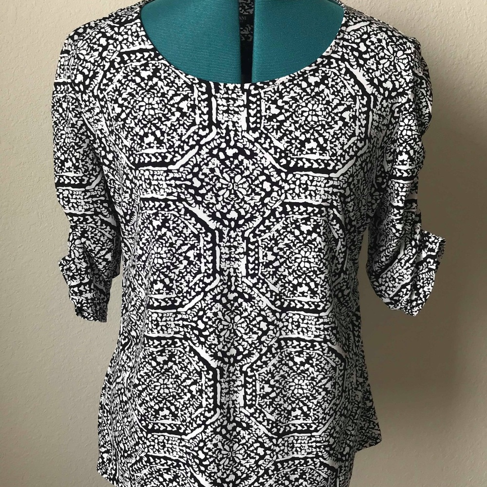 Alfani Dressy Blouse Black White Print 3/4 Sleeves